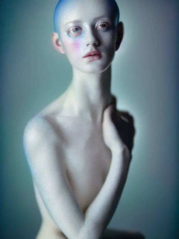 Image similar to cinestill 5 0 d photo portrait of a beautiful hybrid woman in style of paolo roversi by roberto ferri, translucent weird marble body intricate detailed, intricate dreamy marble ornamental hair, 5 0 mm lens, f 1. 4, sharp focus, ethereal, emotionally evoking, head in focus, volumetric lighting, matt tonal colors outdoor