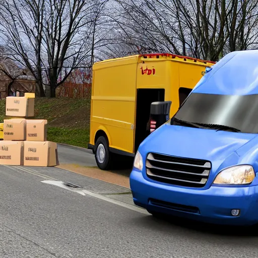 Image similar to mail man driving a mail van filled with potatoes in pittsburgh real life, 8 k, 4 k uhd, realistic, hyper realistic, super detailed, very detailed, detailed