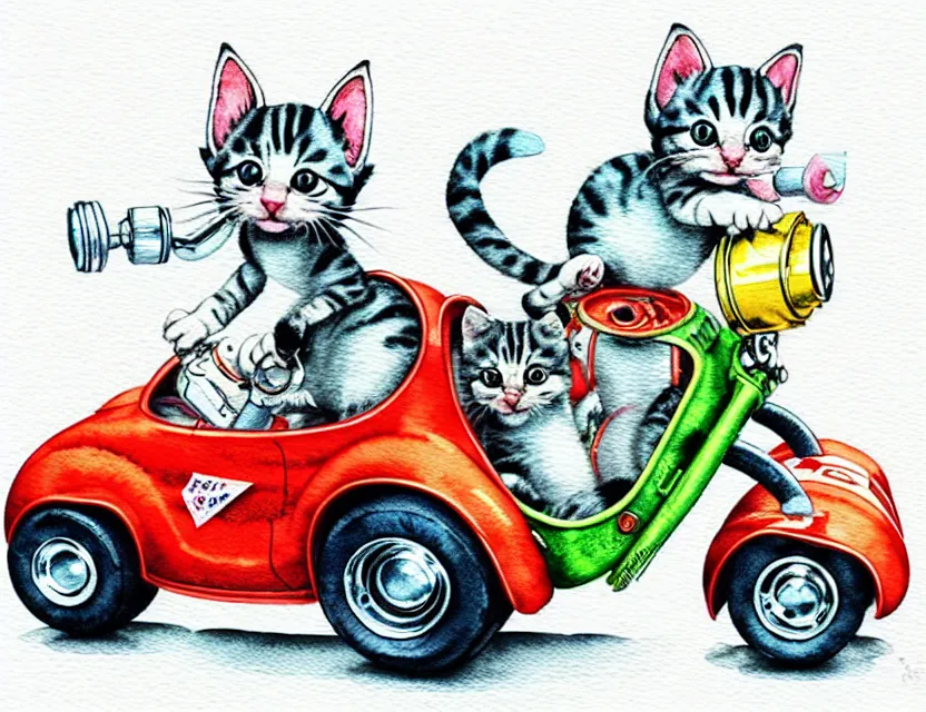 Image similar to cute and funny, kitten wearing a helmet riding in a tiny hot rod with oversized engine, ratfink style by ed roth, centered award winning watercolor pen illustration, isometric illustration by chihiro iwasaki, edited by range murata, tiny details by artgerm and watercolor girl, symmetrically isometrically centered
