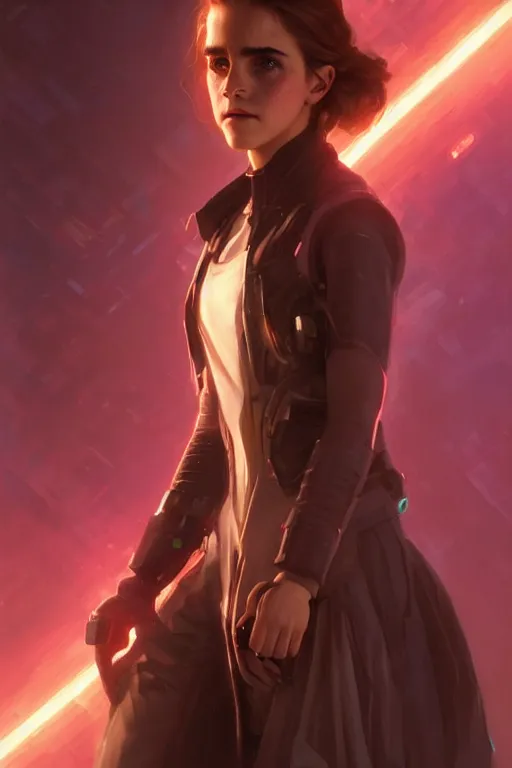 Image similar to portrait of cyborg Emma Watson as Hermione Granger in cyberpunk, neon lighting, night city, digital art from artstation by Ruan Jia and Mandy Jurgens and Artgerm and william-adolphe bouguereau and Greg Rutkowski and Wayne Barlowe