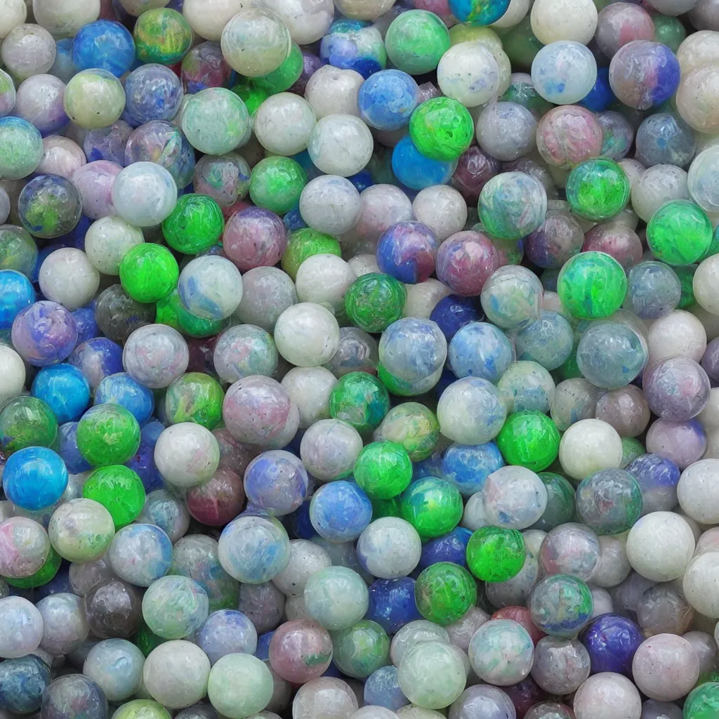 Prompt: 20 marbles big and small covered in thick transparent slime