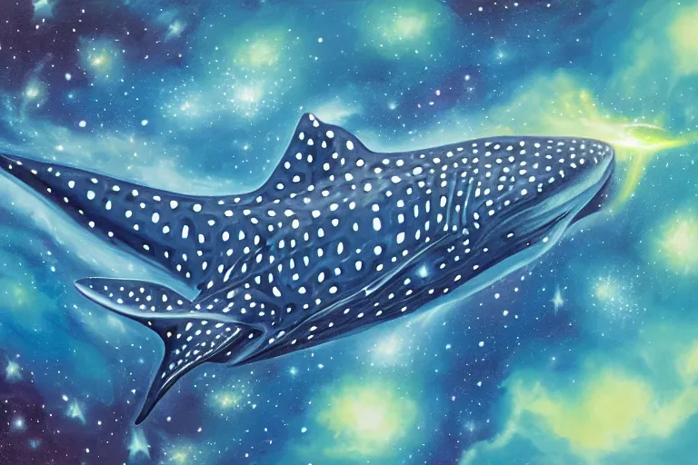 Image similar to gouache painting of a whale shark flying through a swirling, luminous nebula, elegant, ultra detailed