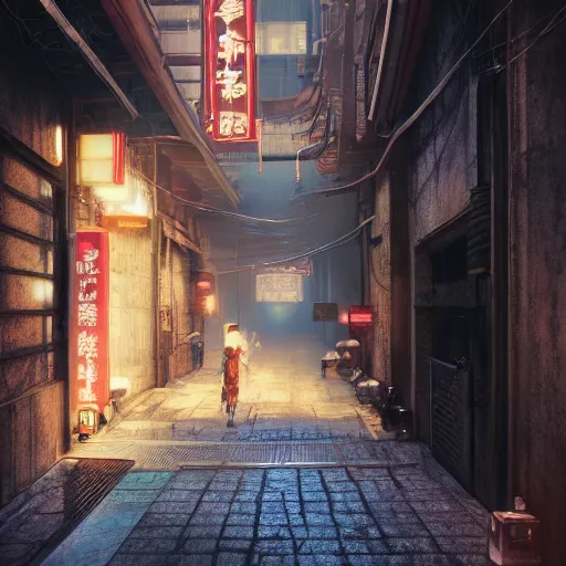 Prompt: a narrow alley with a sign in the middle of it, cyberpunk art by pan tianshou, cgsociety contest winner, shin hanga, unreal engine 5, rendered in unreal engine, world captured through photogrammetry and dissolved with real - time vfx