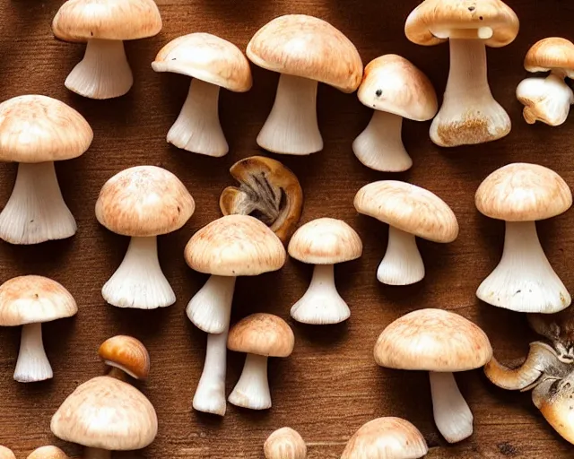 Prompt: mushrooms with happy faces on them