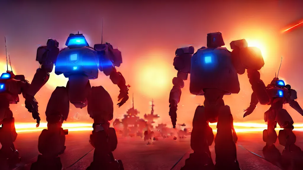 Prompt: futuristic mech soldiers firing away from the camera, eye catching composition, realistic, unreal engine 5, global illumination, detailed environment, bright colours, cinematic, atmosphere, 4 k