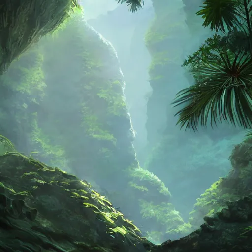 Image similar to Canyon in the jungle with corals and dinosaur dkeletons, 8k, detailed, concept art, trending on artstation