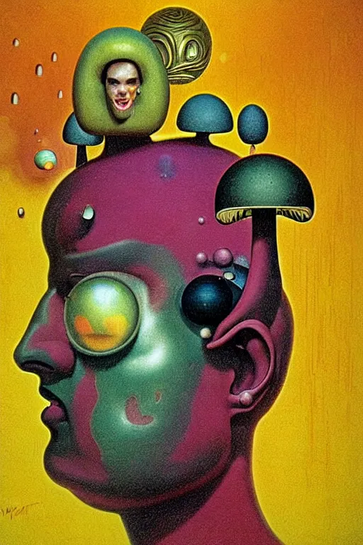 Image similar to 8 0 s art deco close up portait of mushroom head with big mouth surrounded by spheres, rain like a dream oil painting curvalinear clothing cinematic dramatic cyberpunk fluid lines otherworldly vaporwave interesting details fantasy lut epic composition by basquiat zdzisław beksinski james jean artgerm rutkowski moebius francis bacon gustav klimt