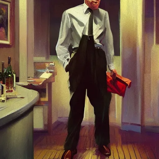 Image similar to a highly detailed epic cinematic concept art CG render digital painting artwork costume design: Frank Sinatra as a poor 1950s bartender. volumetric lighting. By Greg Rutkowski, in the style of Francis Bacon and Syd Mead and Norman Rockwell and Beksinski, great attention to proper perfect anatomy, highly detailed, painted by Francis Bacon and Edward Hopper, painted by James Gilleard, surrealism, airbrush, Ilya Kuvshinov, WLOP, Stanley Artgerm, very coherent, triadic color scheme, realistic facial expression, art by Takato Yamamoto and James Jean