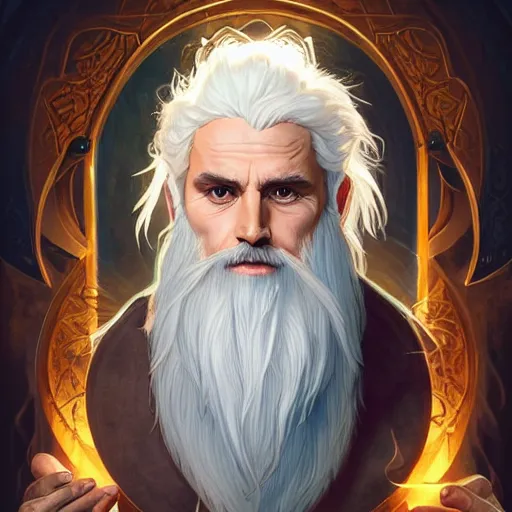 Image similar to a man with white hair and beard, wearing nomadic clothing holding a soul jar portrait, backlight, rim lighting, deep focus, d & d, fantasy, intricate, elegant, highly detailed, digital painting, artstation, concept art, matte, centered, sharp focus, illustration, hearthstone, art by artgerm, greg rutkowski and alphonse mucha