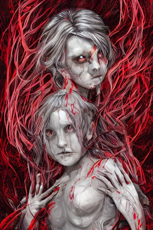 Image similar to A girl with a marble face, flowing silver-violet hair, stands with her arms spread out against the background of a blood-purple cloud in golden light, red streams flow through her body, skulls and bones of hands crawl out of the ground, dark red drops fly around, Anachronism, painting, dark fantasy, steampunk, 4k