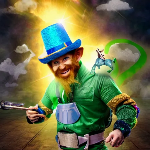 Image similar to leprechaun fighting a robotic unicorn, detailed, photorealistic, 8 k, wide shot,