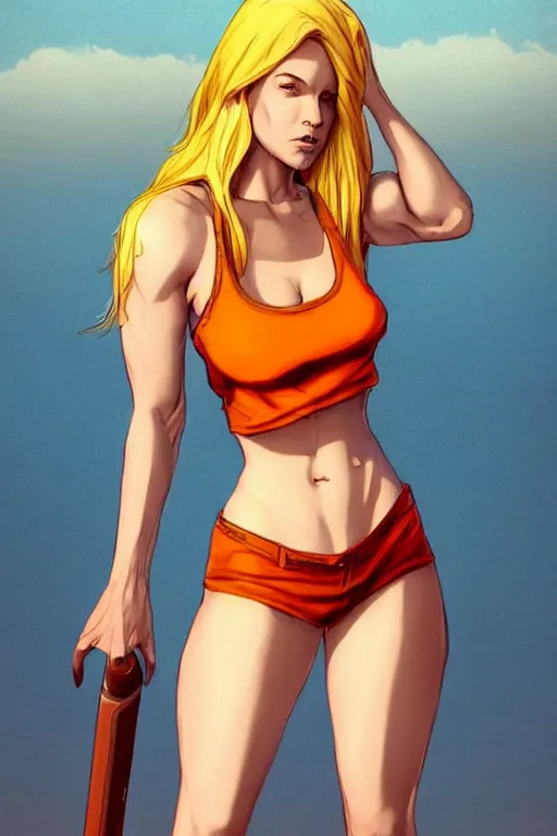 Image similar to a gorgeous hulking beast of a woman with very long hip-length blonde hair, wearing a cut-off white top and orange cut-off shorts standing by the water, in the style of artgerm and moebius and annie liebovitz, marvel comics, photorealistic, highly detailed, trending on artstation