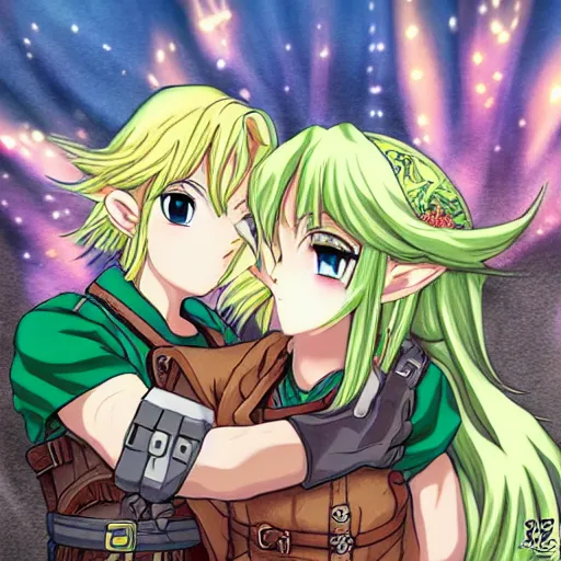 Image similar to anime illustration of saria kiss link