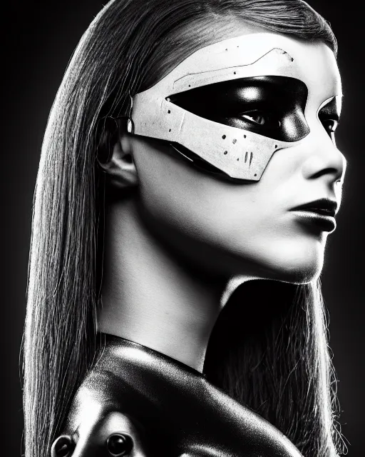 Image similar to a profile portrait, a stunning young woman - cyborg with a mutant crow head, editorial photography, bw, by roman sustov, by hr giger, shot on 7 0 mm, depth of field, f / 2. 8, high contrast, 1 6 k, volumetric lighting, shiny, insanely detailed and intricate, hypermaximalist, elegant, ornate