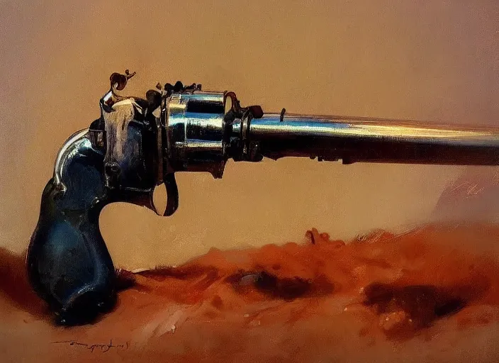 Image similar to oil painting of metallic revolver closeup, art by anders zorn, wonderful masterpiece by greg rutkowski, beautiful cinematic light, american romanticism by greg manchess, reflections in copper, sunlight, dust and steam