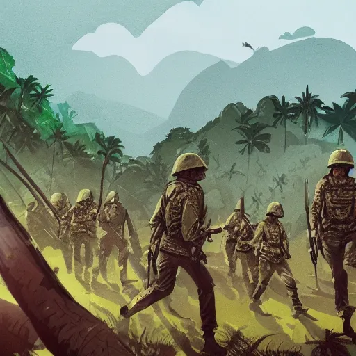 Image similar to handmade illustration of an epic Vietnam war scene with a many soldiers walking, the jungle at the background, Jamaica flag, some smoke and fire, blue sky with dramatic clouds, line art, ink, watercolor by Kilian Eng and by Jake Parker, heavy brushstrokes, winning-award masterpiece, fantastic, octane render, 8K HD Resolution, High quality image