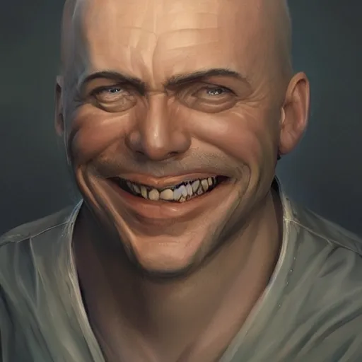 Prompt: a head - on detailed oil portrait of a handsome round - faced bald man with a friendly smile, by charlie bowater, lise deharme, wlop, trending on artstation, dungeon and dragons art, critical role