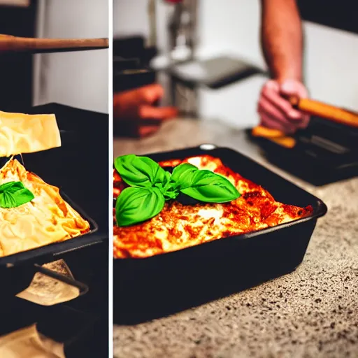 Image similar to studio photography of a platypus cooking a lasagna with three basil leaves over the lasagna