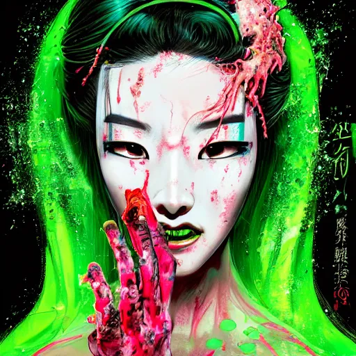 Image similar to clear portrait of japanese zombie geisha with neon green acid leaking from side of her mouth, background hyper detailed, character concept, full body, dynamic pose, glowing lights, intricate, elegant, highly detailed, digital painting, artstation, concept art, smooth, sharp focus, illustration, art by artgerm and greg rutkowski and alphonse mucha