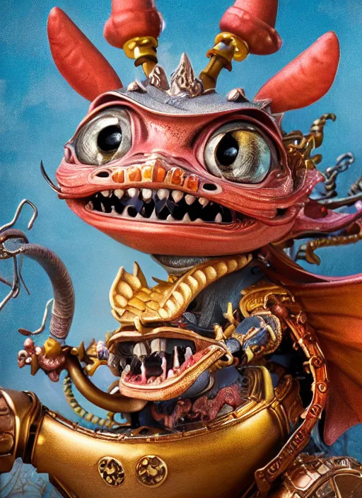 Prompt: highly detailed closeup portrait of a tin toy fairytale dragon, unreal engine, nicoletta ceccoli, mark ryden, earl norem, lostfish, hyung tae, frank frazetta, global illumination, detailed and intricate environment