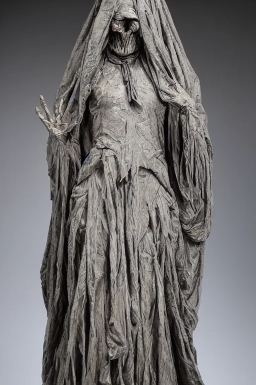 Image similar to a cinematic view of an highly ornated intricate macabre impressionist sacred statue of veiled ghoul made in light dark oak, with few ornaments in shiny polished graphite, sculpted by hedi xandt and antonio corradini, dark surrealism, freak gothic style