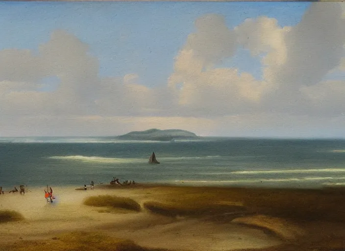 Image similar to texel, the netherlands as the background in the style of hudson river school of art, oil on canvas