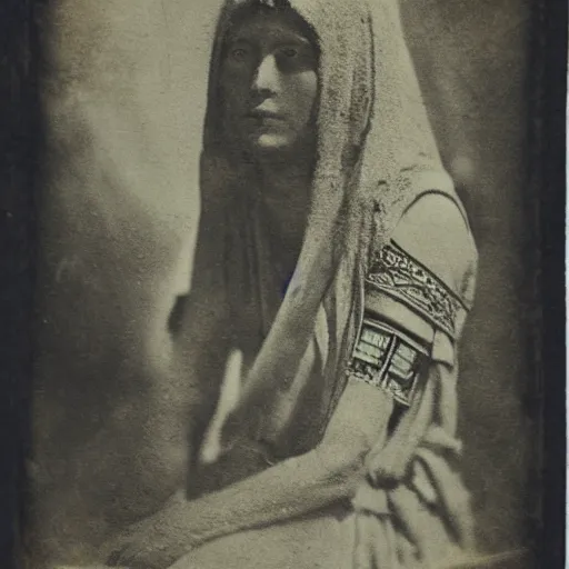 Image similar to Ancient Sumer, Sumerian woman, 2600 BC, tintype photograph, Sumerian town, Ancient photograph