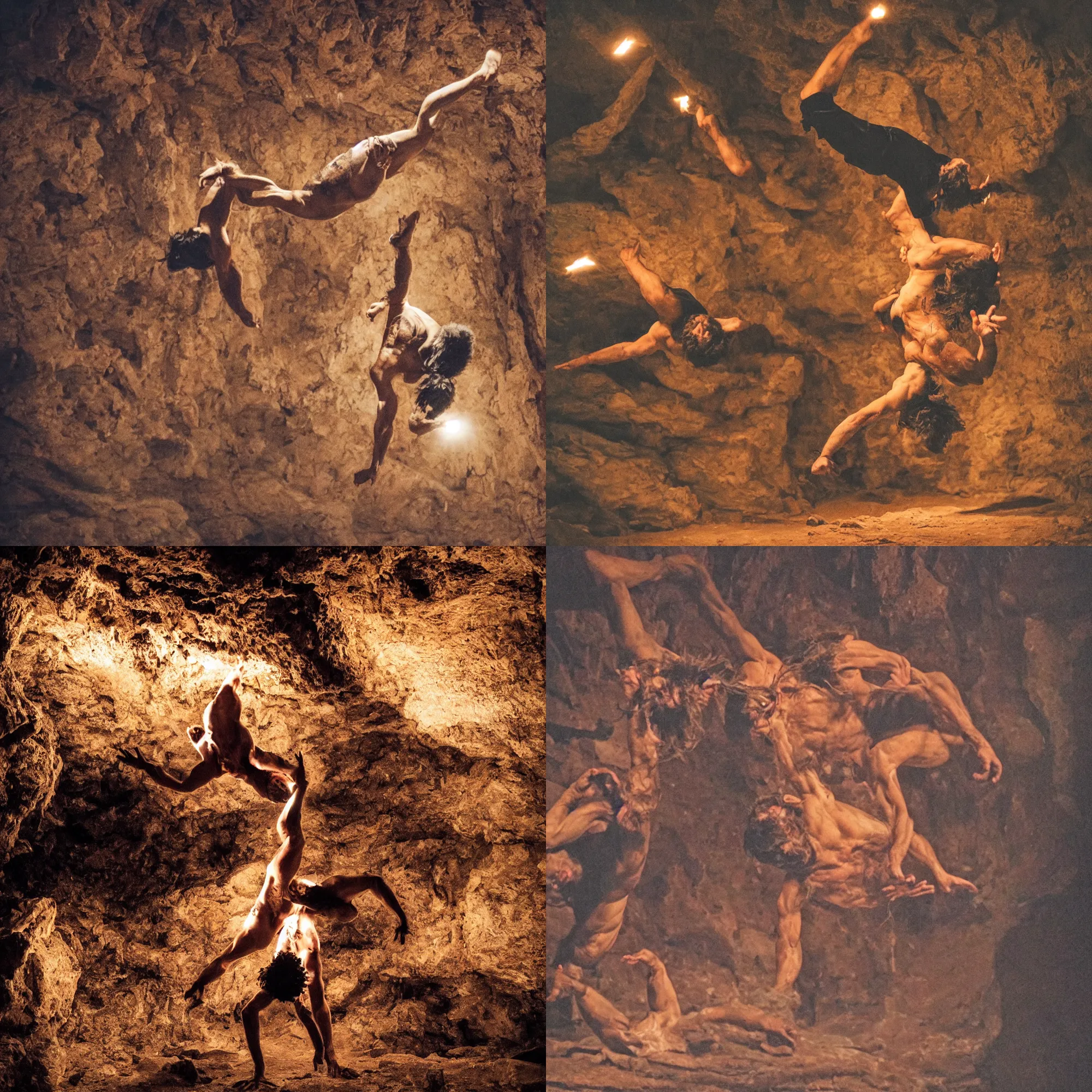 Prompt: a caveman breakdancing at night in a cave. The only light is from a fire. There are cave paintings.