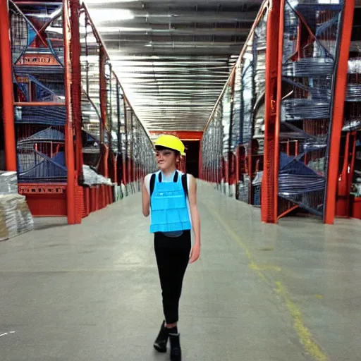 Prompt: photo, extreme far shot, emma watson in a hi vis vest, in warehouse, android cameraphone, 2 6 mm,