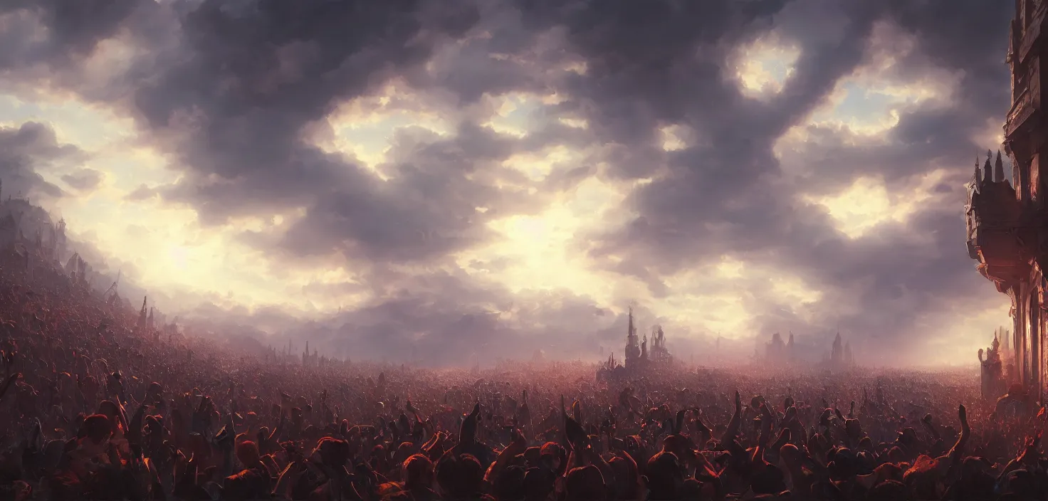 Image similar to painting of a crowd with raised arms pointing toward, cinematic view, epic sky, detailed, concept art, low angle, high detail, warm lighting, volumetric, godrays, vivid, beautiful, trending on artstation, by jordan grimmer, huge scene, art greg rutkowski