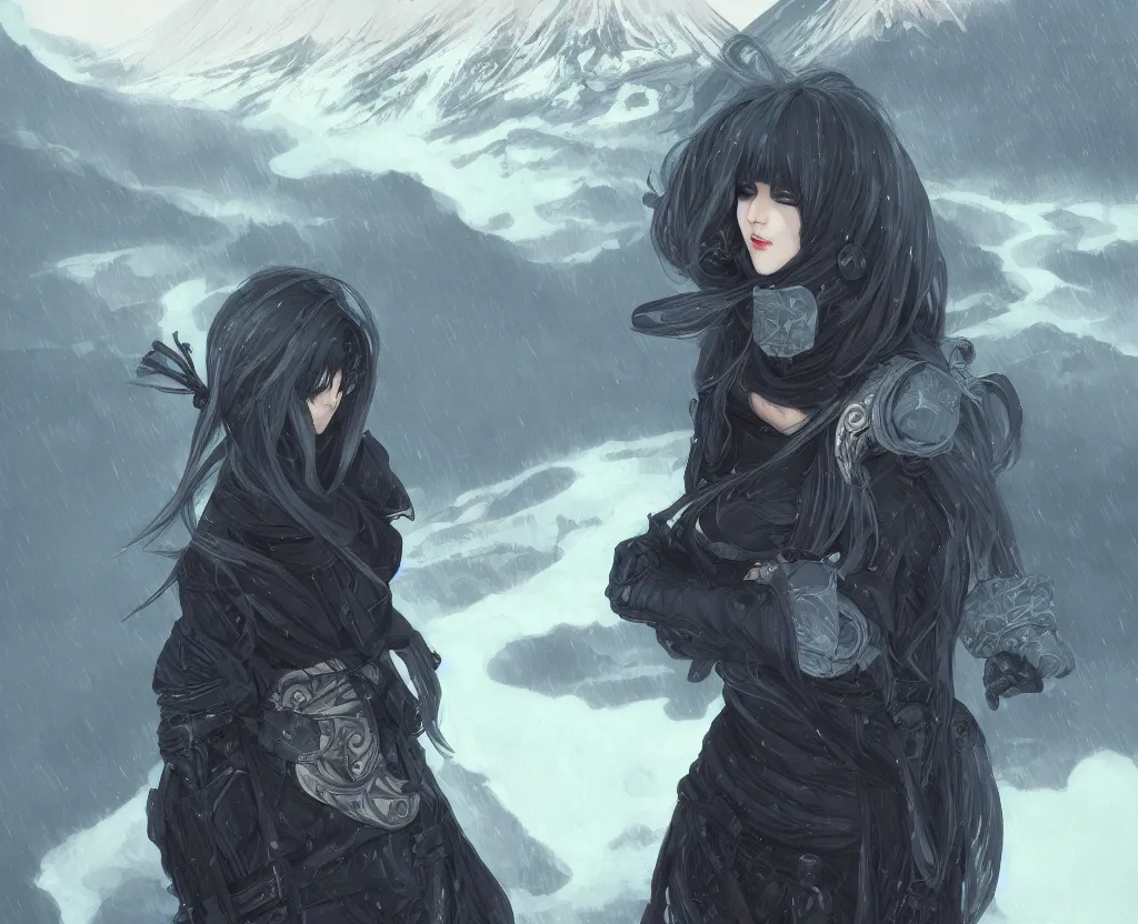 Image similar to portrait ninja gaiden girl, black plus little green ninja wardrobe, grey hair, at storm snowy fuji mountain sunrise, ssci - fi and fantasy, intricate and very very beautiful, detailed, digital painting, artstation, concept art, smooth and sharp focus, illustration, art by tian zi and wlop and alphonse mucha