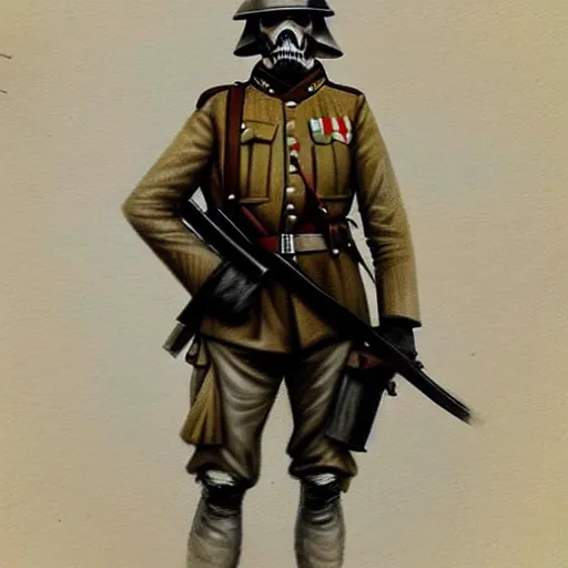 Image similar to german empire ww 1 stormtrooper soldier looking forward portait drawn by greg rutkowski