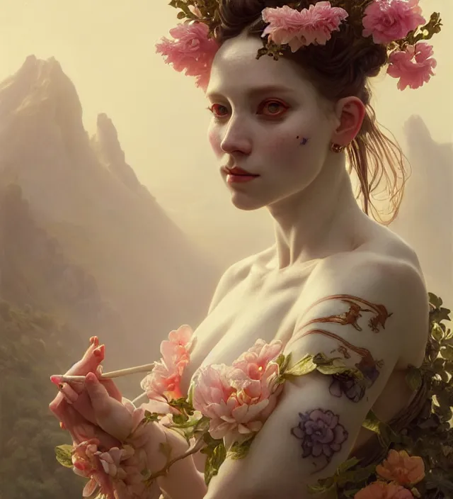 Prompt: baroque portrait of a icelandic princess of porceline skin, full body floral tattoos, cinematic lighting, photorealistic, octane render, 8 k, depth of field, art by artgerm and greg rutkowski and alphonse mucha and uang guangjian