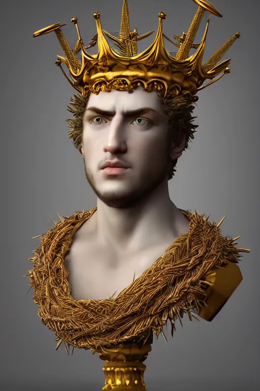 Image similar to a realistic porcelain full-head baroque style bust of handsome young seductive Spanish prince with a spiky hair, wearing a crown made out of woven pipe cleaners, suspended in outer space, photorealism, octane render, depth of field, 8k, 35mm, artgem, Trending on artstation