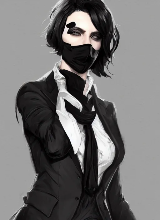 Prompt: a highly detailed illustration of beautiful short black messy haired woman wearing black eyepatch on one eye and noir style suit and tie, dramatic smiling pose, intricate, elegant, highly detailed, centered, digital painting, artstation, concept art, smooth, sharp focus, league of legends concept art, WLOP