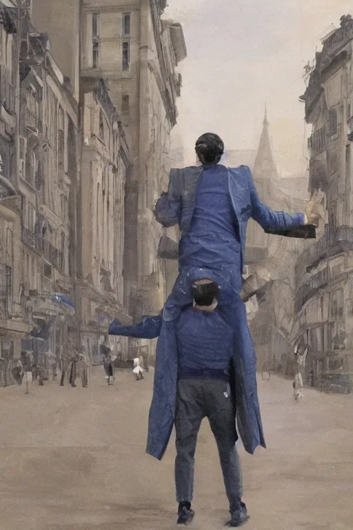 Image similar to in the foreground a Parisian street, in the background a brown man from the back with blue energy wings coming out of his back wearing a long matrix style jacket and starting to fly away, realistic, high definition, great details, dramatic scene, detailed and realistic hands, symmetrical face, realistic eyes, art of invincible