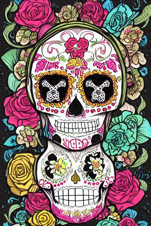 Prompt: Illustration of a sugar skull day of the dead girl, art by Cory Loftis