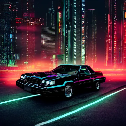 Image similar to a black 1 9 9 0 thunderbird idling in a neon cyberpunk city, 4 k resolution, highly detailed