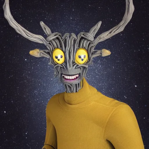 Image similar to a humanoid alien with leathery gray skin, a wiry build, lanky arms, claws, four-fingered hands, two sleek horns, a long snout, yellow eyes, and fangs