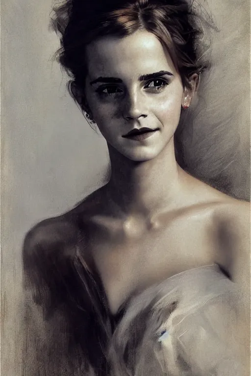 Image similar to emma watson smiling looking away detailed portrait painting by gaston bussiere craig mullins j. c. leyendecker photograph by richard avedon peter lindbergh