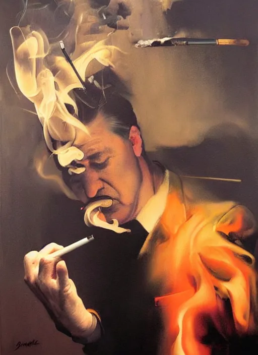 Image similar to david lynch, smoking, smoke billowing, painting by phil hale, 'action lines'!!!, graphic style, visible brushstrokes, motion blur, blurry