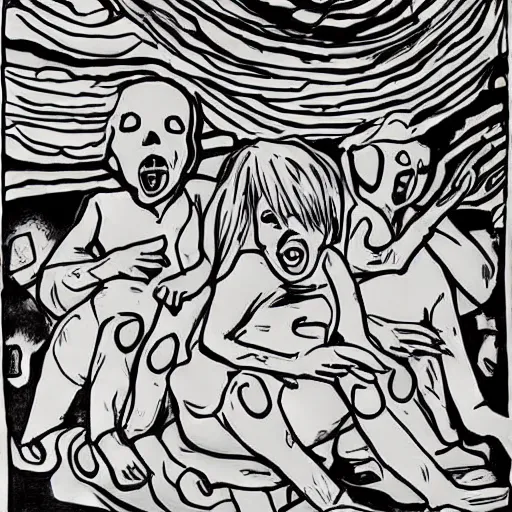 Image similar to abstract children’s drawing of the end of the world., horror,