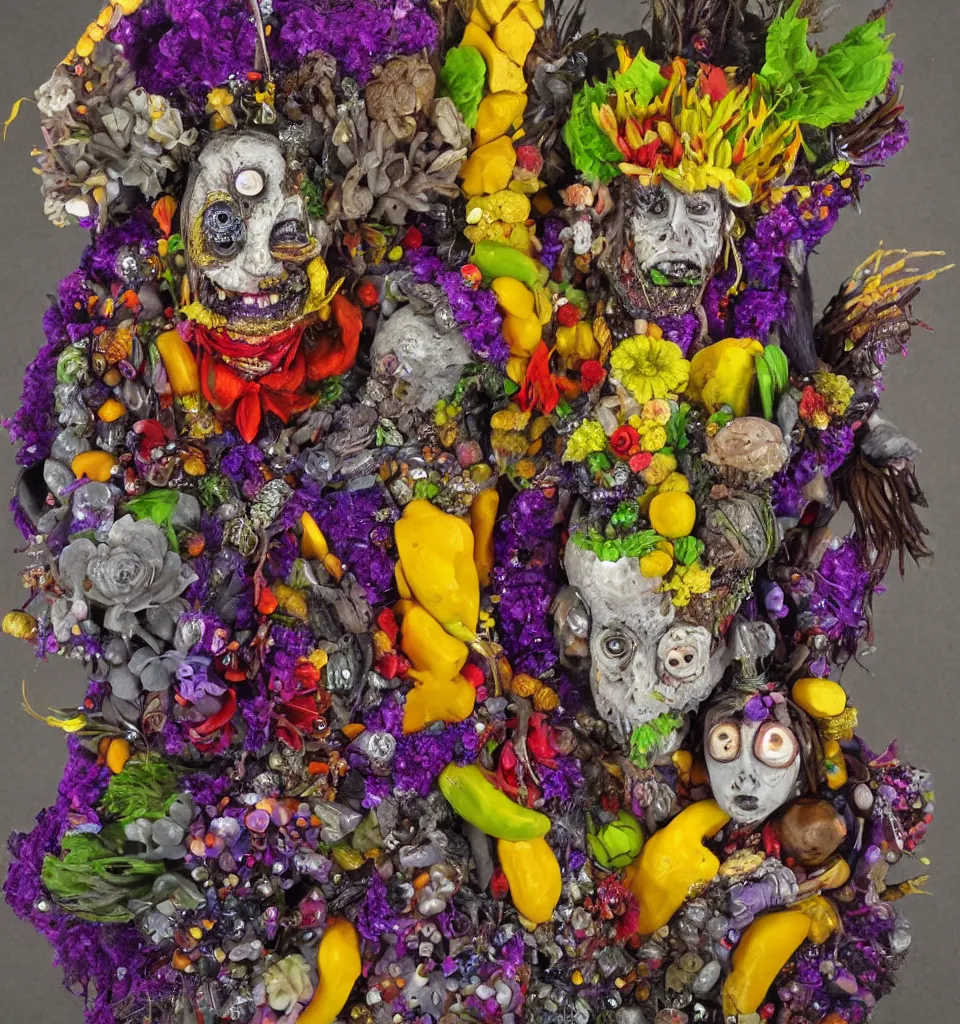 Prompt: bodyshot of a trickster nature spirit, zombie rock star, head made of fruits and crystals and flowers in the style of guiseppe arcimboldo, john currin, deep focus, fantasy, surreal, detailed, pop art, action figure, clay sculpture, gray and yellow and purple, rainbow stripe background