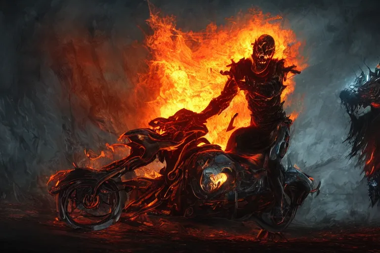 Image similar to Ghost Rider, flaming grim reaper, the pits of hell, upper body character concept, dark souls concept art, Feng Zhu concept art, dramatic lighting, highly stylized, trending on artstation, high-quality wallpaper, desktopography