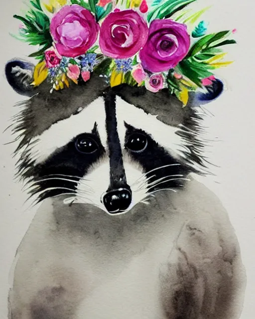 Image similar to a painting of a raccoon wearing a flower crown, a watercolor painting by annabel kidston, a storybook illustration, trending on pinterest, rococo, made of flowers, watercolor, whimsical, white paper