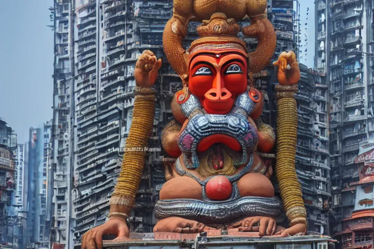 Image similar to high quality 3 d cyberpunk biomorphic hanuman head building in the middle of mumbai!!, kalighat highly detailed, cinematic smooth, stephen shore & john j. park, soft morning light, wide shot, high angle, uhd 8 k, deep focus