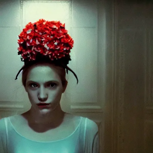 Prompt: movie still of the girl with the flowers head, cinematic composition, cinematic light, by edgar wright and david lynch, surreal art