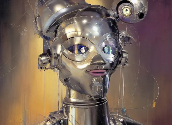 Image similar to a portrait of cyber - dog of sci fi metallic human, bright eyes, melancholic complex geometric figure liminal machinery by oskar schlemmer, moebius, john berkey, film grain, oil on canvas, portrait facial head, featured on artstation, hd wallpaper, 8 k by yoji shinkawa