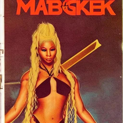 Prompt: 1 9 8 0 s fantasy novel book cover, nicki minaj in a string bikini holds a huge sword ready to fight a dragon