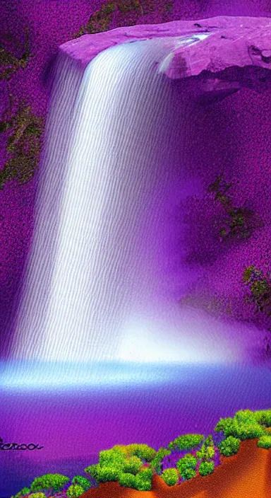 Image similar to purple planet with waterfall pixel artwork, digital art, award winning